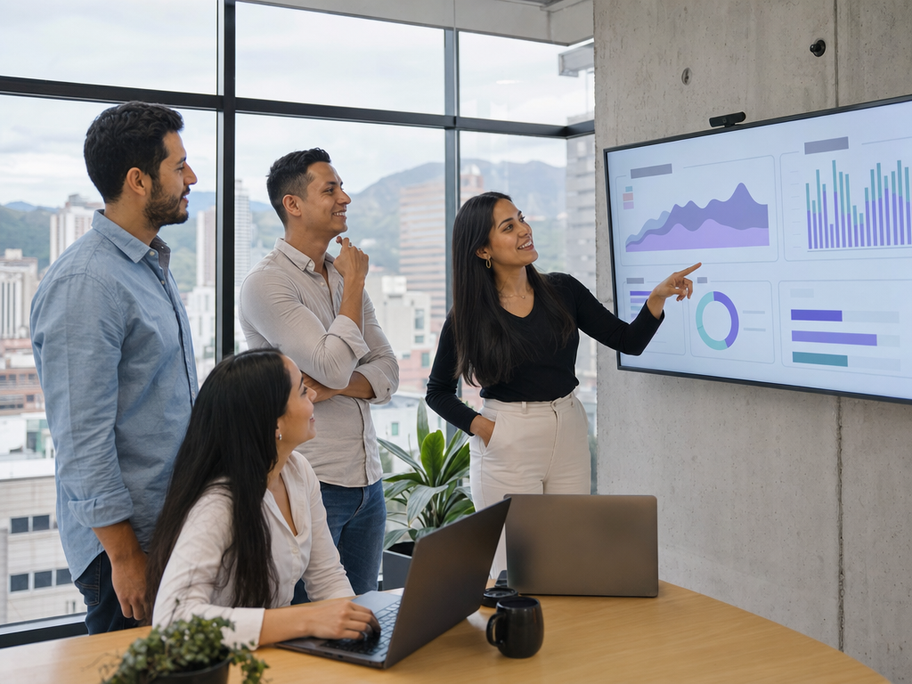 Equipo comercial revisando indicadores en una pantalla